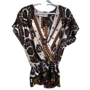 PETTICOAT ALLEY Wrap Top Peplum S Small Anthropologie Cream Brown Black